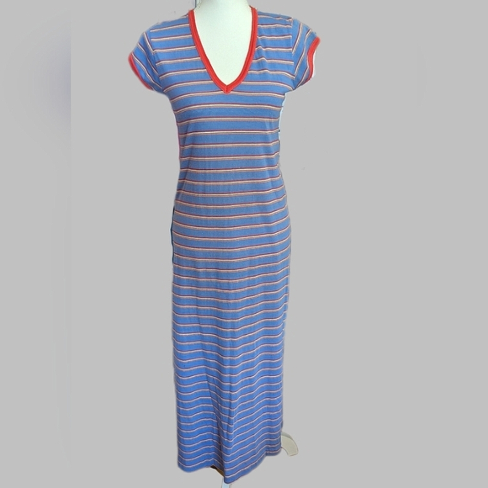 Vintage 1970's Long Maxi Tee Shirt Dress Blue Red Stripes Short Sleeves Medium